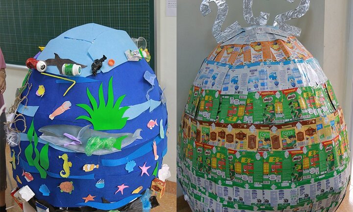 Trường học ở Hà Nội trang trí trứng phục sinh khổng lồ bằng vật liệu tái chế