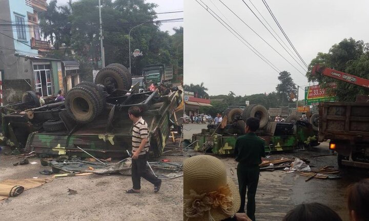 Xe chở bộ đội lật ngửa giữa đường, nhiều chiến sỹ bị thương