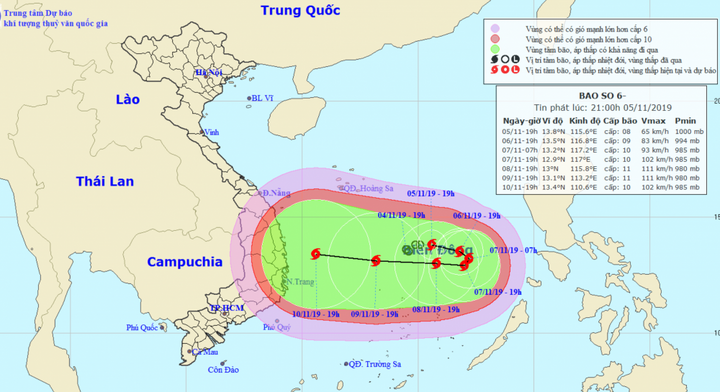Bão số 6 giật cấp 13 hướng vào Nam Trung bộ