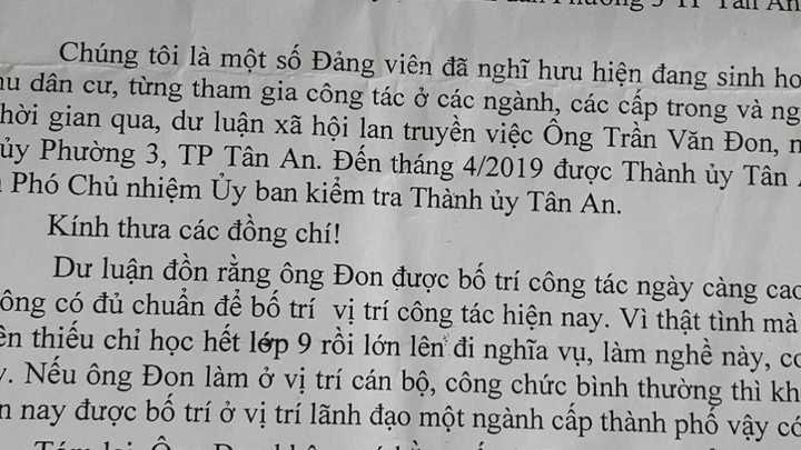 Phó chủ nhiệm Ủy ban Kiểm tra Thành ủy ở Long An không có bằng cấp 3