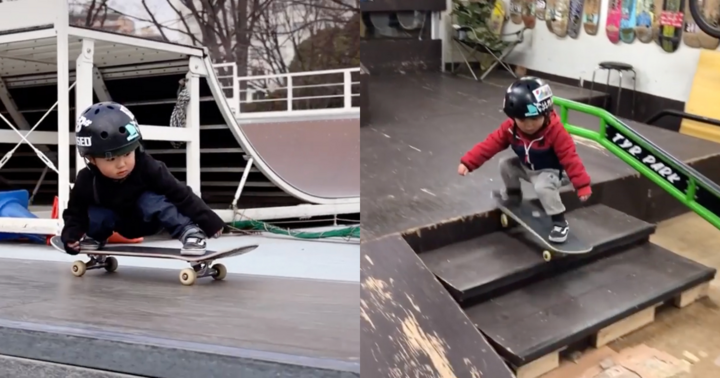 Video: Bé trai 3 tuổi người Nhật trổ tài trượt ván điệu nghệ
