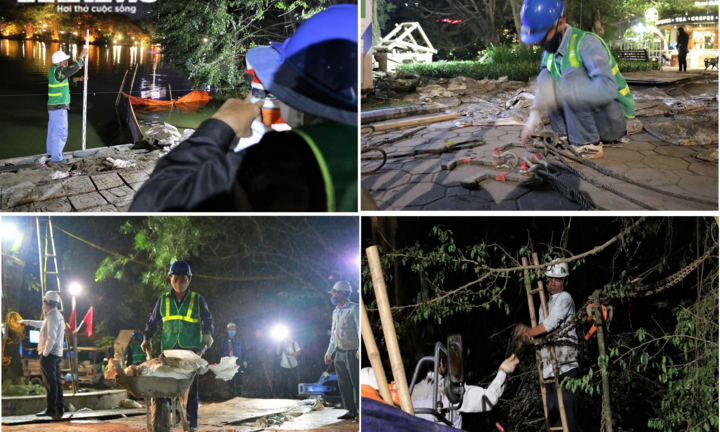 Công nhân xuyên đêm đưa khối bê tông đúc sẵn nặng 2,5 tấn kè Hồ Gươm