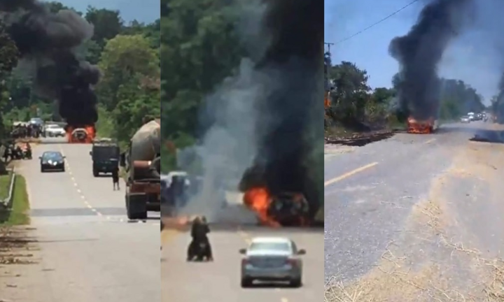 Ô tô đang chạy bỗng bốc cháy ngùn ngụt, tài xế mắc kẹt bên trong