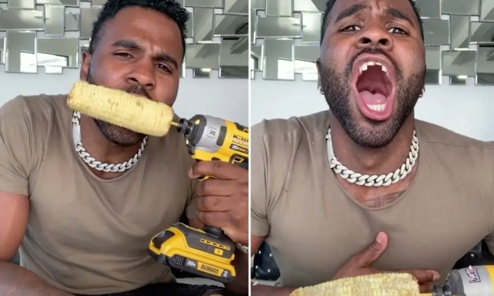 Ăn ngô bằng máy khoan, sao TikTok mẻ luôn 2 răng cửa