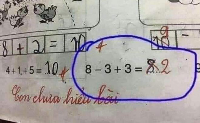 Trò làm 8-3+3=8, giáo viên đưa đáp án là 2, dân mạng tranh cãi kịch liệt