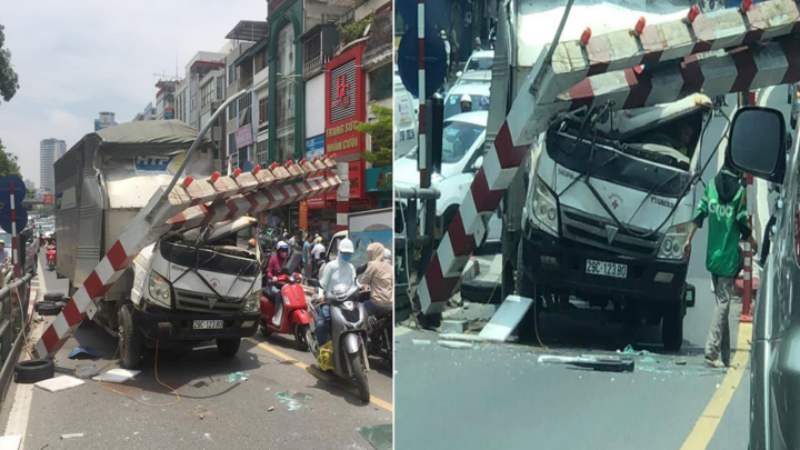 Xe tải húc đổ thanh hạn chế chiều cao cầu vượt Thái Hà, tài xế may mắn thoát nạn