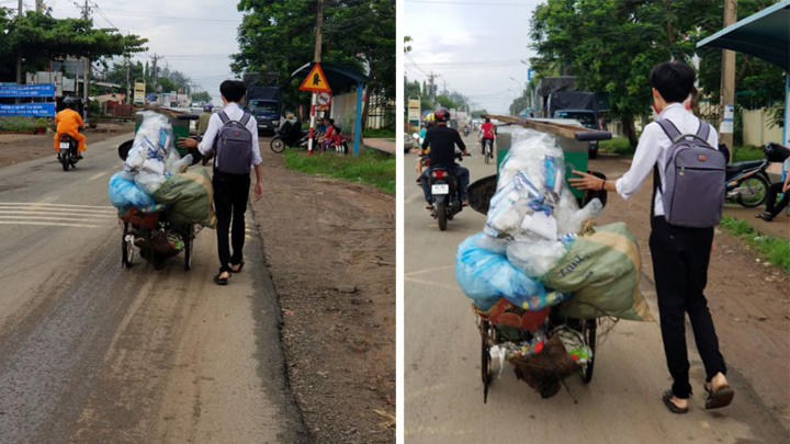 Nam sinh giúp cụ ông đẩy xe phế liệu lên dốc nhận 'mưa' lời khen từ dân mạng