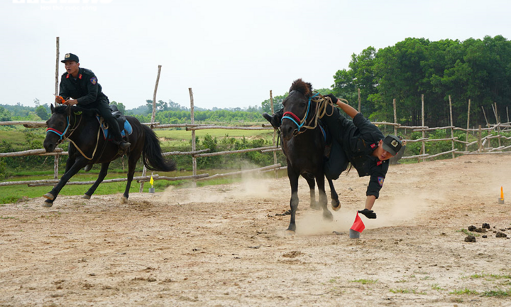 Xem cảnh sát cơ động cưỡi ngựa nhảy vượt rào, đổ rạp người nhặt đồ vật
