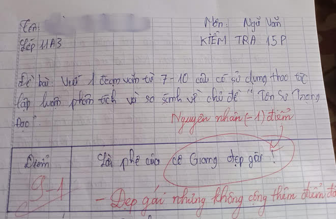Cười ngất với nguyên nhân bài kiểm tra bị cô giáo trừ một điểm