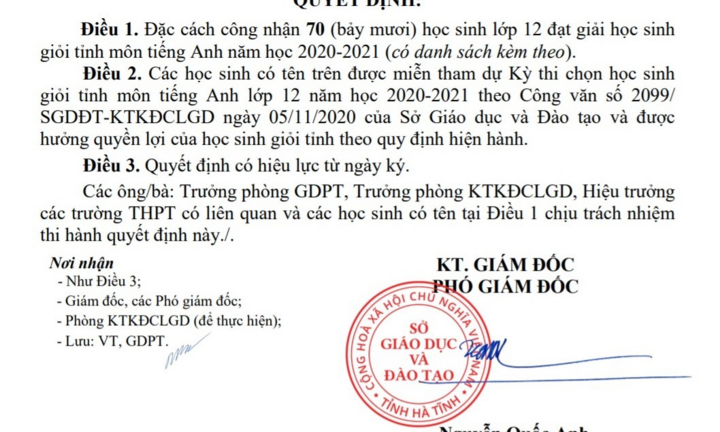 Đặc cách học sinh 6.5 IELTS trở lên là HSG tỉnh: Sở GD-ĐT Hà Tĩnh nói gì?
