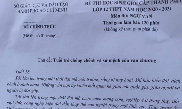 Đề thi học sinh giỏi Văn lớp 12 TP.HCM bàn về tuổi trẻ chông chênh
