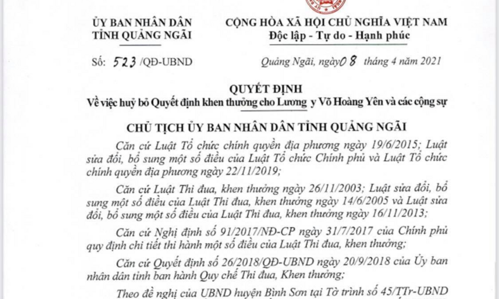 Quảng Ngãi hủy bỏ quyết định khen thưởng ông Võ Hoàng Yên