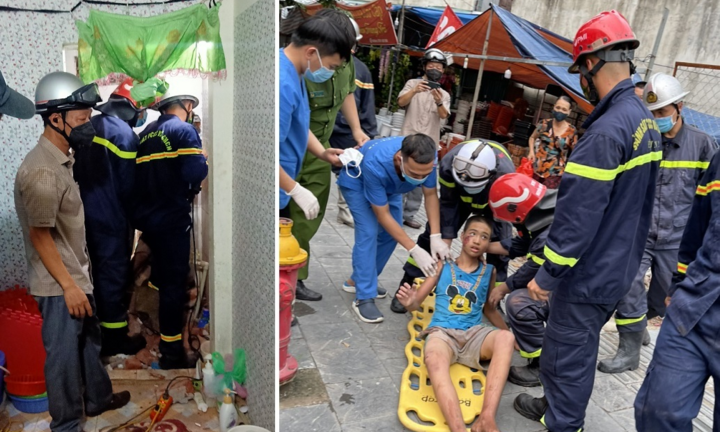 Công an đục tường cứu bé trai mắc kẹt trong khe tường hẹp bằng gang tay