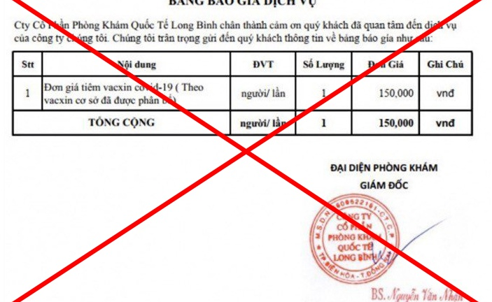 Phòng khám ở Đồng Nai tự ý công khai bảng giá tiêm vaccine COVID-19