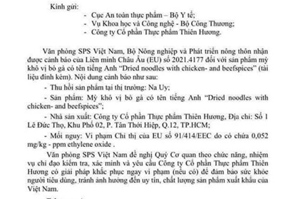 Mỳ gói của Thiên Hương bị thu hồi nghi chứa chất gây ung thư: Bộ Y tế vào cuộc