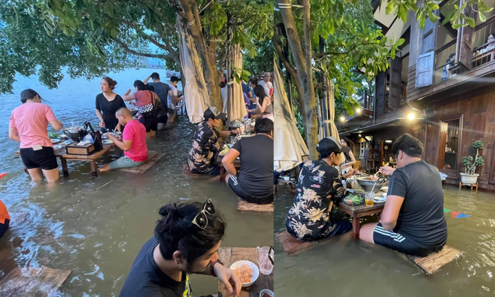 Khách chịu ướt nửa người, vô tư ăn lẩu giữa nước lũ ngập qua ghế gây kinh ngạc