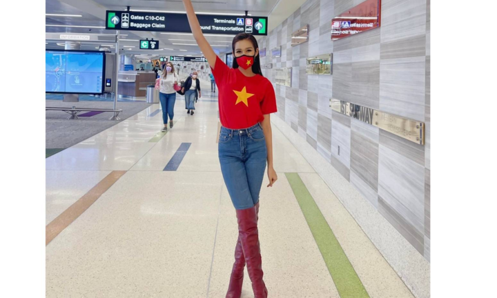Diện áo cờ đỏ sao vàng, Hoa hậu Đỗ Thị Hà rạng rỡ tại sân bay Mỹ