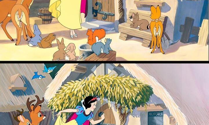 Đố bạn tìm 5 điểm khác biệt trong 2 bức tranh về Bạch Tuyết