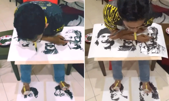 Thầy giáo biểu diễn vẽ 5 bức tranh cùng lúc bằng tay chân và miệng gây kinh ngạc