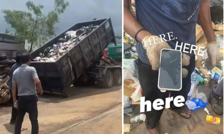 Cô gái lục tung xe chở rác tìm bằng được iPhone bị mất