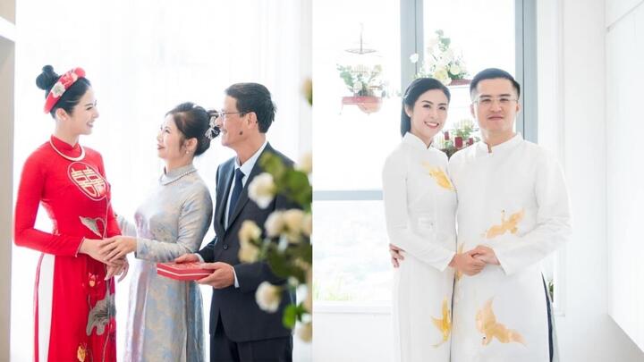 Hoa hậu Ngọc Hân đẹp tinh khôi trong tà áo dài tự thiết kế trong lễ ăn hỏi