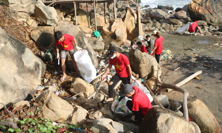 Bình Định: Thu gom rác ứ đọng, làm sạch bờ biển Ghềnh Ráng 