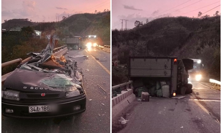 Kon Tum: Xe tải lật đè trúng ô tô con, 4 người thương vong