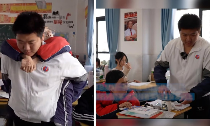 Cậu bé 6 năm cõng bạn đến trường