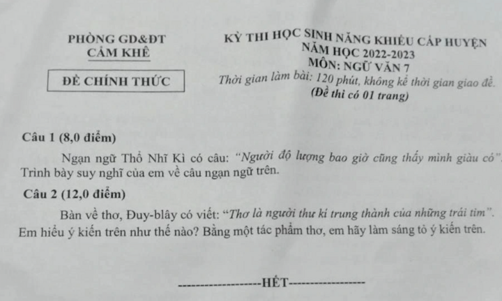 Đề Văn lớp 7 'khó như thi học sinh giỏi quốc gia', Phòng GD&ĐT lên tiếng
