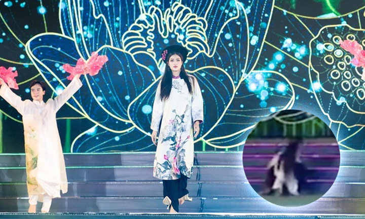 Hoa hậu Thiên Ân ngã cầu thang trên sân khấu