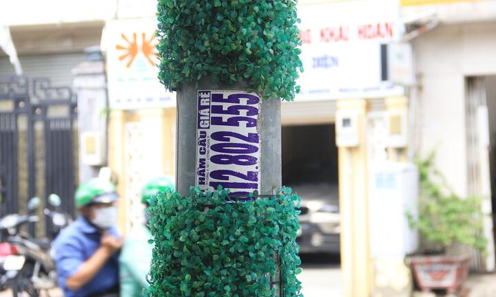 TP.HCM: Hơn 1.000 trụ điện quấn cỏ nhựa vẫn chi chít quảng cáo hút hầm cầu