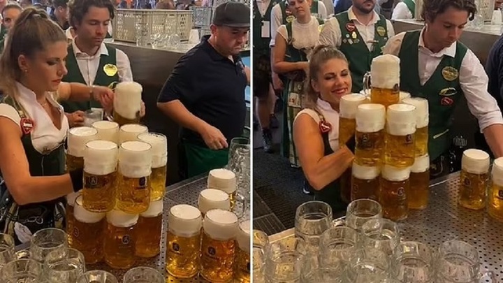 Nữ bồi bàn siêu khỏe bê một lúc 13 ly bia 'khổng lồ' gây sốt mạng