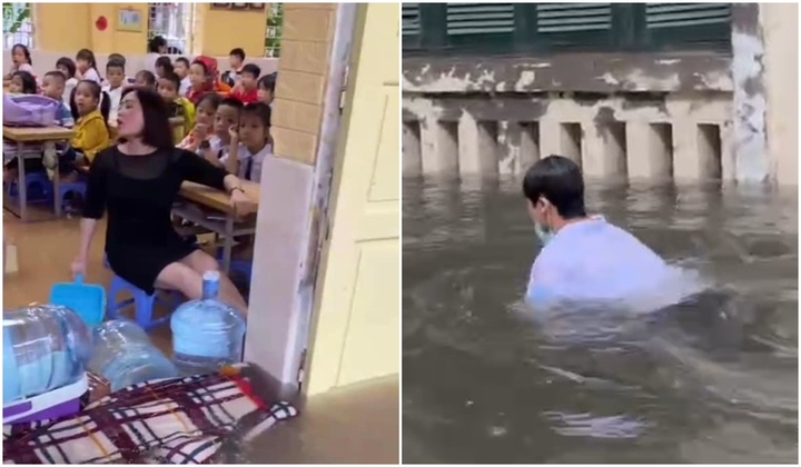 Hà Nội mưa lớn, cô giáo vừa dạy học vừa tát nước, học sinh bơi giữa sân trường