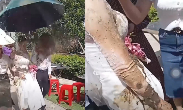 Cô dâu chú rể bị tạt chất bẩn lên người vào ngày cưới