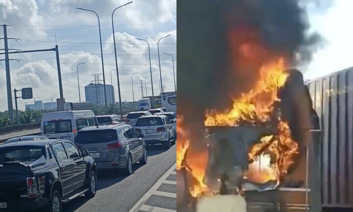 Xe container bốc cháy, cao tốc Long Thành - Dầu Giây ùn tắc kéo dài