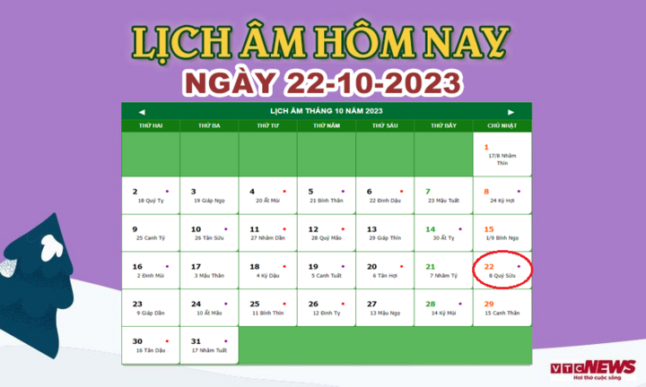 Lịch âm 22/10 - Âm lịch hôm nay 22/10 chính xác nhất - lịch vạn niên 22/10/2023