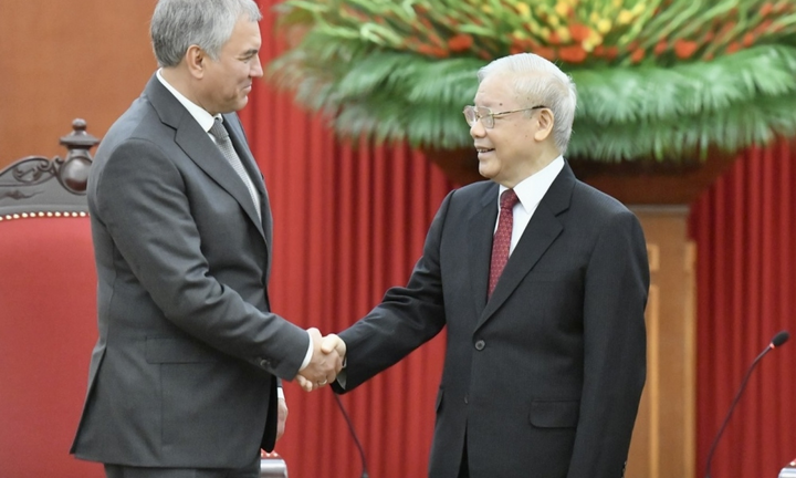 Tổng Bí thư Nguyễn Phú Trọng tiếp Chủ tịch Duma quốc gia Liên bang Nga