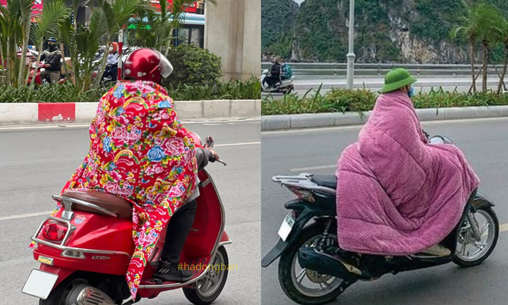 Muôn kiểu trùm chăn đi xe máy những ngày giá rét
