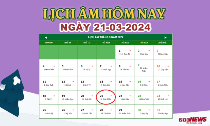 Lịch âm 21/3 - Âm lịch hôm nay 21/3 chính xác nhất - lịch vạn niên 21/3/2024