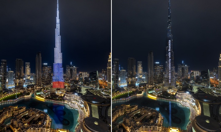 Tòa nhà cao nhất thế giới thắp sáng quốc kỳ, chạy chữ 'UAE ủng hộ Nga'
