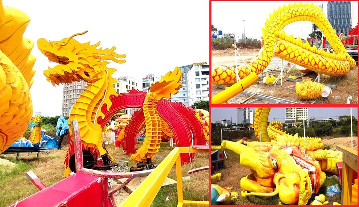 Chờ 'nhà' mới, loạt rồng linh vật Đà Nẵng nằm lăn lóc phơi nắng, mưa