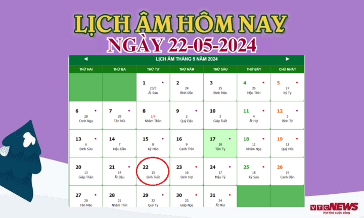 Lịch âm 22/5 - Âm lịch hôm nay 22/5 chính xác nhất - lịch vạn niên 22/5/2024