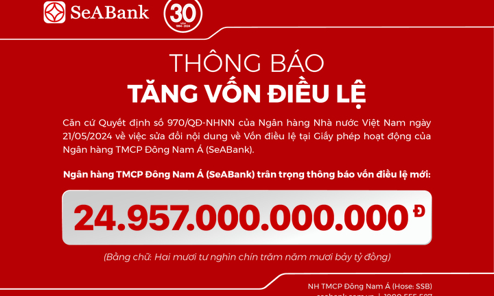 SeABank hoàn tất tăng vốn điều lệ lên 24.957 tỷ đồng
