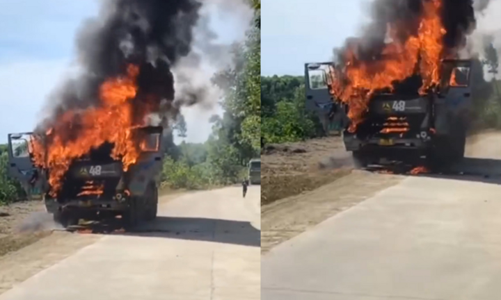 Xe tải chở vật liệu xây cao tốc bốc cháy khi đang chạy trên đường 
