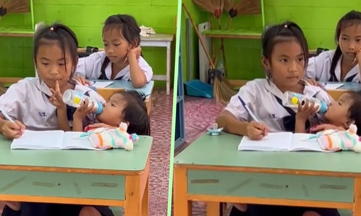Clip nữ sinh 10 tuổi cho em bé bú bình sữa trong lớp học gây sốt mạng