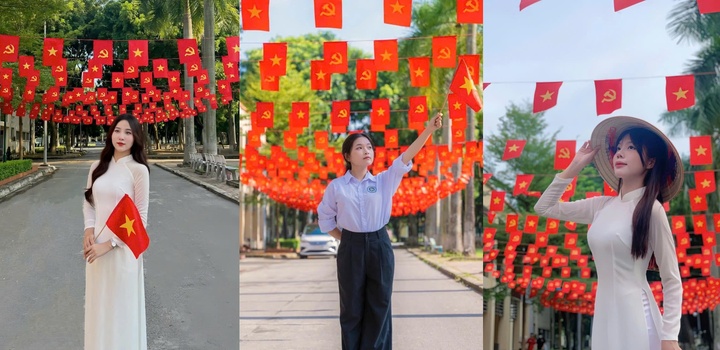 Bạn trẻ chụp ảnh cùng cờ Tổ quốc lan tỏa tình yêu đất nước