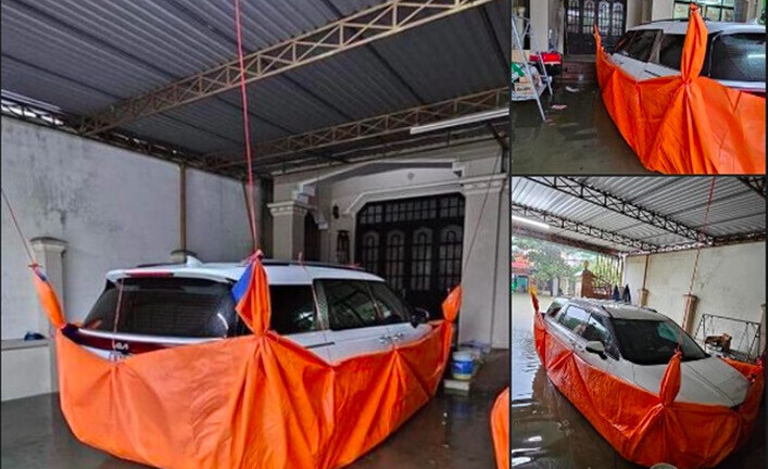 Muôn kiểu chống bão cho xế cưng: Kê gạch, buộc chăn, dán xốp lên xe