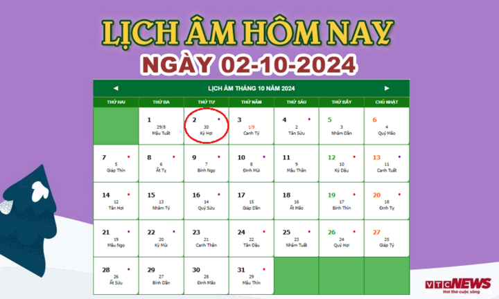 Lịch âm 2/10 - Âm lịch hôm nay 2/10 chính xác nhất - lịch vạn niên 2/10/2024