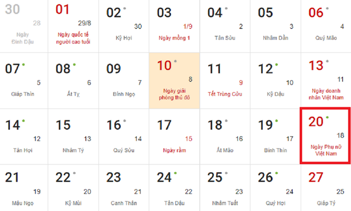 Ngày Phụ nữ Việt Nam 20/10 năm 2024 là thứ mấy?