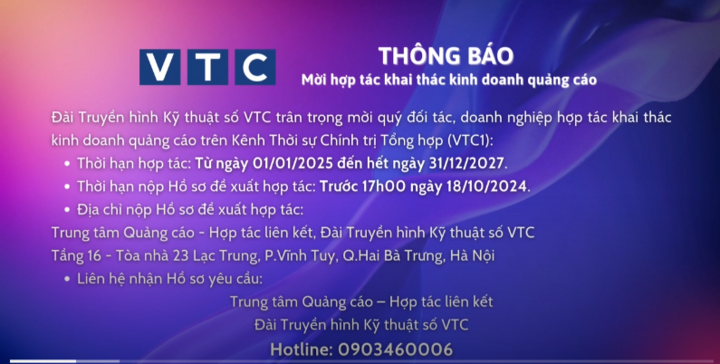 Thông báo mời hợp tác khai thác kinh doanh quảng cáo trên kênh VTC1